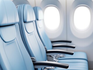 Interior view of blue airplane seats beside a window, showcasing modern design and travel comfort for passengers.