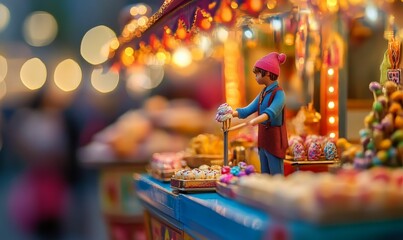 Obraz premium Toy vendor with colorful sweets and lights.
