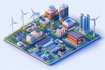 Create an isometric 3D smart city fully powered by renewable energy, with wind turbines, solar panels, and hydrogen fueling stations visible