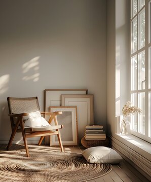 Frame mock up on Living Room, Minimalist Corner with Soft Shadows and Artistic Decor- Generative Ai