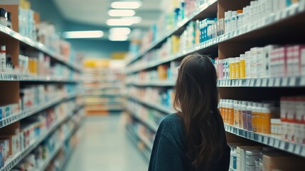 Young woman browsing through personal care products in a supermarket aisle.