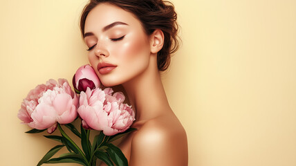 Beautiful calm woman with clean, fresh skin holds a bouquet of peonies on pastel yellow background...