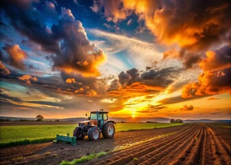 Vibrant Sunset Over Plowed Fields with Idle Tractor - Surreal Landscape Photography