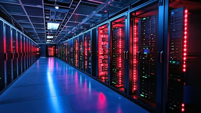 A futuristic data center room filled with glowing server racks, fiber-optic cables carrying data between clusters of supercomputers