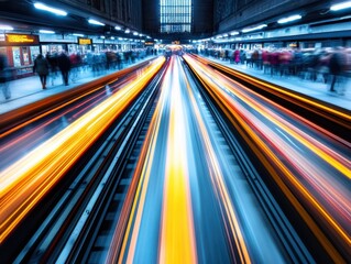 Dynamic motion capture of subway train tracks, showcasing brilliant light trails and urban commuter energy.
