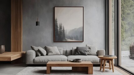 A cozy living room with gray walls, wooden furniture, a landscape painting, and glass doors with a forest view.