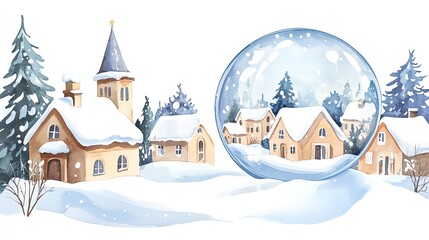 Winter village scene with snow globe and cottages on a bright snowy day.