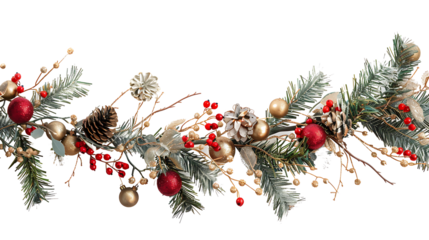 Vintage-style Christmas garland made of pine branches, red berries, and golden ornaments, designed as a transparent PNG