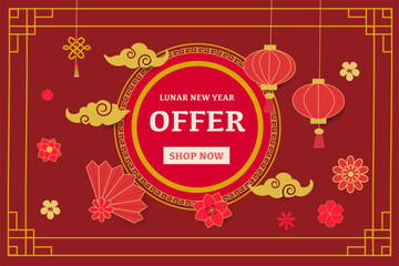 Naklejka premium Stylish banner with oriental flowers, lucky symbols, and lanterns. A perfect choice for celebratory New Year promotions.