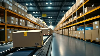 A logistics facility with rows of conveyor belts and shelves, as a trolley filled with cardboard boxes moves toward the loading area for shipment
