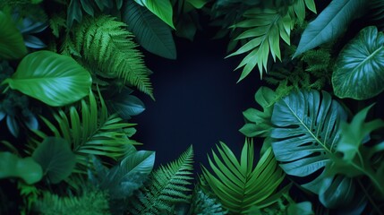 Fototapeta premium Lush Tropical Leaves Frame on Dark Background Nature Photography