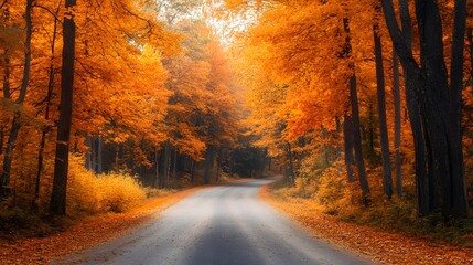 Obraz premium Scenic autumn drive through a forest of bright orange trees