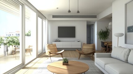 A contemporary living room features sleek furniture, bright natural light, and a minimalist aesthetic with plants.