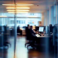 Blurred office view with individuals working at desks in a modern workspace.
