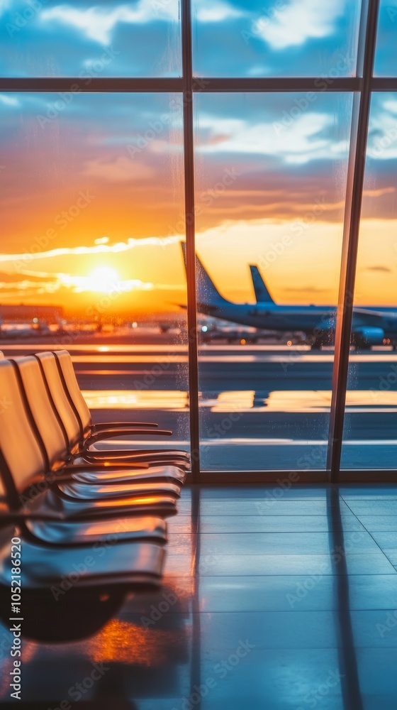 Poster empty seats are illuminated by a vibrant sunset while airplanes are parked on the tarmac outside a l
