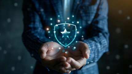 Businessman Holding Virtual Badge with Stars