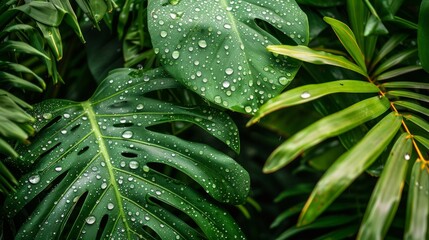 Fototapeta premium Tropical Leaf Reflections, water droplets glisten on broad green leaves, capturing the lush vibrancy of the surrounding flora in a serene, tranquil moment.