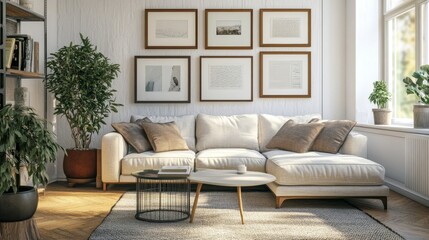 A chic living room featuring a comfortable sofa, lush greenery, and an array of framed artwork on a white textured wall.