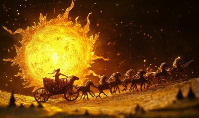 Fototapeta premium Silhouetted horse-drawn carriage against sun.