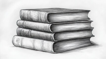 A Stack of Four Books Drawn in Pen and Ink