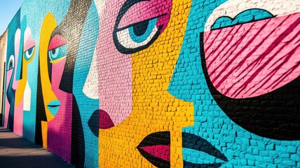 Naklejka premium Vibrant street art mural featuring abstract faces in bold colors, showcasing creativity and urban culture.
