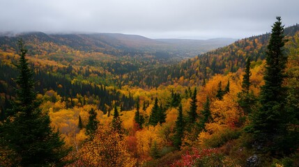 Obraz premium Scenic overlook of a valley filled with trees in autumn colors