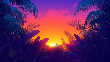 Obraz premium A Beautiful Tropical Sunset Scene Surrounded by Palm Trees