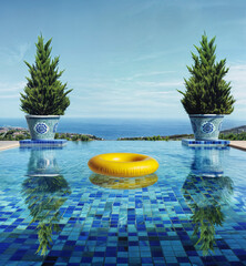 swimming pool overlooking the ocean in a sunny day