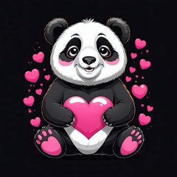 recommend clip art: A cute panda bear sits on a black background holding a large pink heart