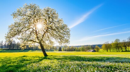 A blooming tree stands in a sunny field, surrounded by lush grass and flowers under a clear blue sky, creating a serene natural landscape.