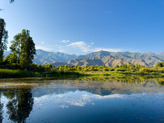 Fototapeta premium A quiet mountain lake Issyk-Kul, surrounded by green valleys and majestic mountains. The perfect spot for tourism and peaceful relaxation in Kyrgyzstan.