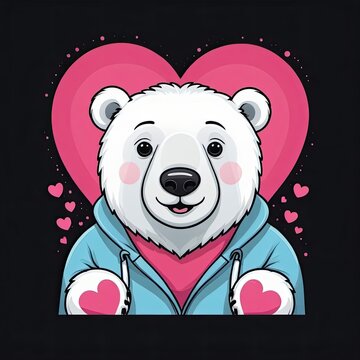 recommend clip art: A cute cartoon polar bear wearing a blue hoodie stands in front of a large pink heart