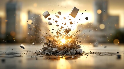 Naklejka premium Virtual stock symbols crashing like meteors through a city skyline, leaving destruction in their wake
