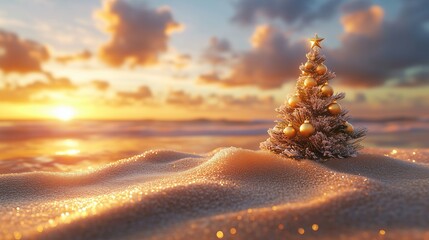 A miniature Christmas tree standing on the sand in a tropical setting against a sunset background. The concept of winter holidays in warm regions and tropical Christmas. Copy space.