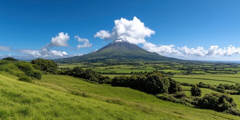 Obraz premium Azores Landscape Majestic Volcano Green Fields Blue Sky Clouds