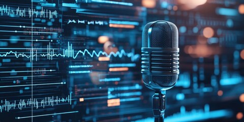 A podcast logo on a digital screen, with a microphone and soundwave graphics