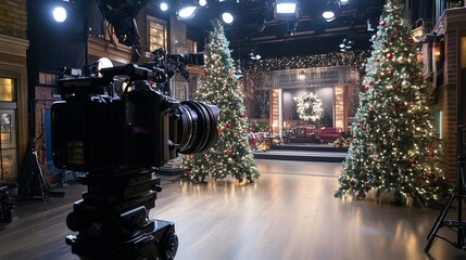 A film set decorated for the New Year and Christmas holidays. The camera in the foreground is aimed...