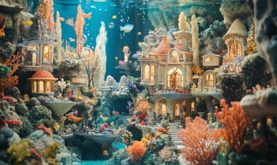 Obraz premium Underwater miniature city with coral reefs.