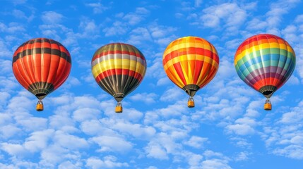 Obraz premium Colorful hot air balloons float in a bright blue sky scattered with fluffy clouds.