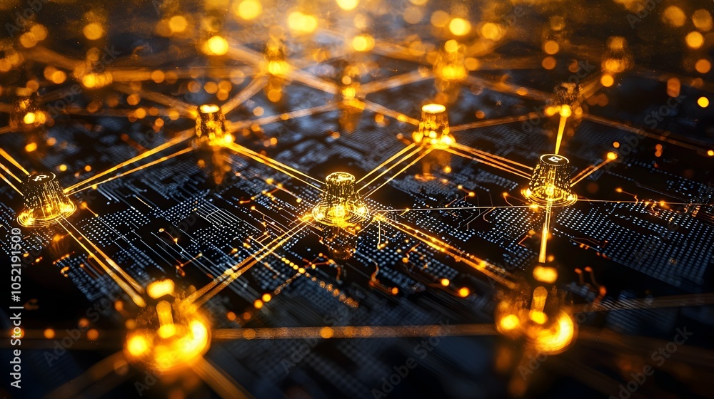 Poster glowing interconnected blockchain network visualizing decentralized technology concept