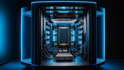 Quantum Computer Illuminated by Soft Blue Glow, Futuristic Tech Design