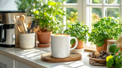 Fresh Coffee Mug on Kitchen Counter with Plants