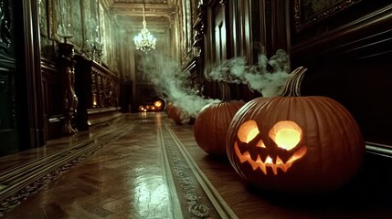 Obraz premium Halloween pumpkins with carved faces sit on the floor, illuminated from within by flickering candlelight. The scene is dark and eerie, with wisps of smoke drifting through the air.