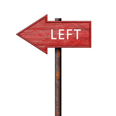 Red wooden arrow sign with left inscription on rusty pole. Left direction indicator. Signboard isolated on white