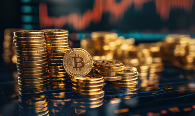 stack of gold bitcoins, with blurred background of cryptocurrency graph