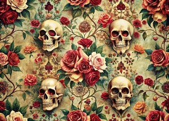 Vintage Skulls and Roses Pattern for Gothic Aesthetic Home Decor and Fashion