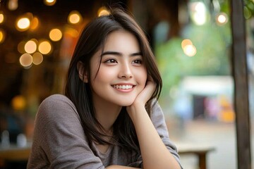 Obraz premium Smiling young woman with long hair in a cozy cafe setting, warm bokeh background.