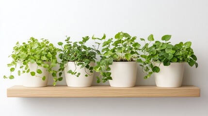 Four potted plants on a wooden shelf against a white wall.