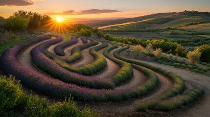 Enchanting lavender fields at sunset, winding paths create a mesmerizing pattern in Tuscany\'s serene landscape