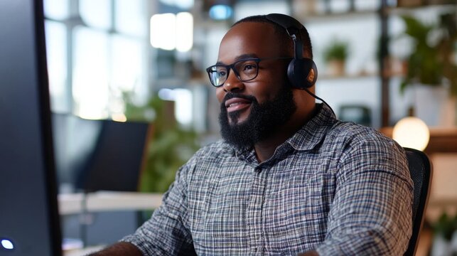  Tech support specialist assisting customer via video call. Professional IT help and remote troubleshooting.